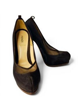 🛍️ Fendi Authentic Chocolate Brown Mesh and Suede High Heel Platform Pumps
